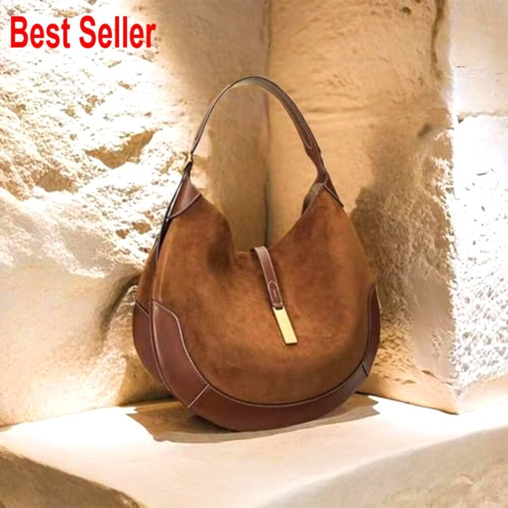 Suede & Split Leather Hobo Shoulder Bag Large Capacity Magnetic Closure - Picture 3 of 7